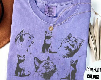Y2K Cat Sketch Shirt, 90s Vintage Comfort Colors Tee, Funny Retro Kitten T-Shirt, Grunge Aesthetic Unisex Gift, Cat Lover Shirt, Weirdcore