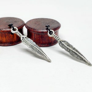 Whispering Feather Dangle Plug Earrings Gauge Sizes 2g6mm through 30mm / Silver Feather Dangle on Wooden Plug Gauges for Stretched Ears image 7