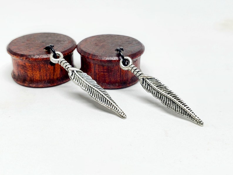 Whispering Feather Dangle Plug Earrings Gauge Sizes 2g6mm through 30mm / Silver Feather Dangle on Wooden Plug Gauges for Stretched Ears image 7