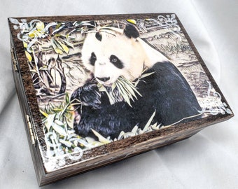 PERSONALIZED Vintage Panda Jewelry Box with Mirror & Drawer - Jewelry Organizer, trinket Storage, Engraved Birthday Gift, Wedding Gift