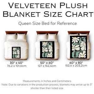 Peut inclure: Un tableau des tailles pour des couvertures en peluche avec trois tailles diff&eacute;rentes&nbsp;: 30&nbsp;pouces sur 40&nbsp;pouces, 50&nbsp;pouces sur 60&nbsp;pouces et 60&nbsp;pouces sur 80&nbsp;pouces. Chaque taille est repr&eacute;sent&eacute;e sur un lit queen-size avec une couverture &agrave; motif floral. Le tableau comprend &eacute;galement des mesures en centim&egrave;tres.