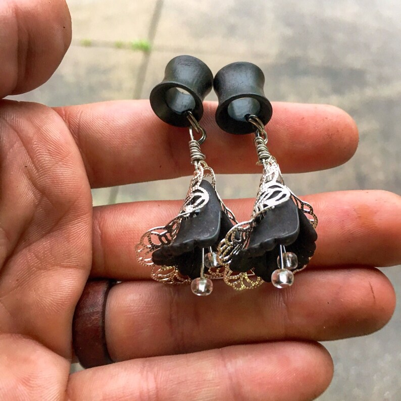 through 1 6mm 25mm Black or WhiteWood Gages Dangle Plug Organic Vintage Lily Dangles with Wood Ebony Plug Gauges or Tunnels in Sizes 2g