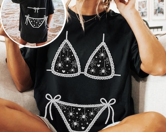 Summerween Spider Bikini Shirt, Comfort Colors® Oversized Beach Tee, Gothic Bikini Cover Up Shirt, Halloween Summer Shirt, Spooky Beach Tee