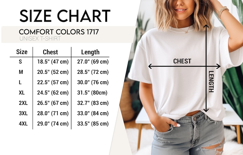 Pu&ograve; includere: Tabella delle taglie per una t-shirt unisex con misure in pollici e centimetri. La tabella mostra le misure del petto e della lunghezza per le taglie S, M, L, XL, 2XL, 3XL e 4XL.