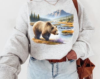 Retro Bear Wilderness Scene Sweatshirt, Bear Shirt, Boho Unisex Crewneck, Forest Sweatshirt, 90s Nostalgia Grizzly Bear Sweatshirt