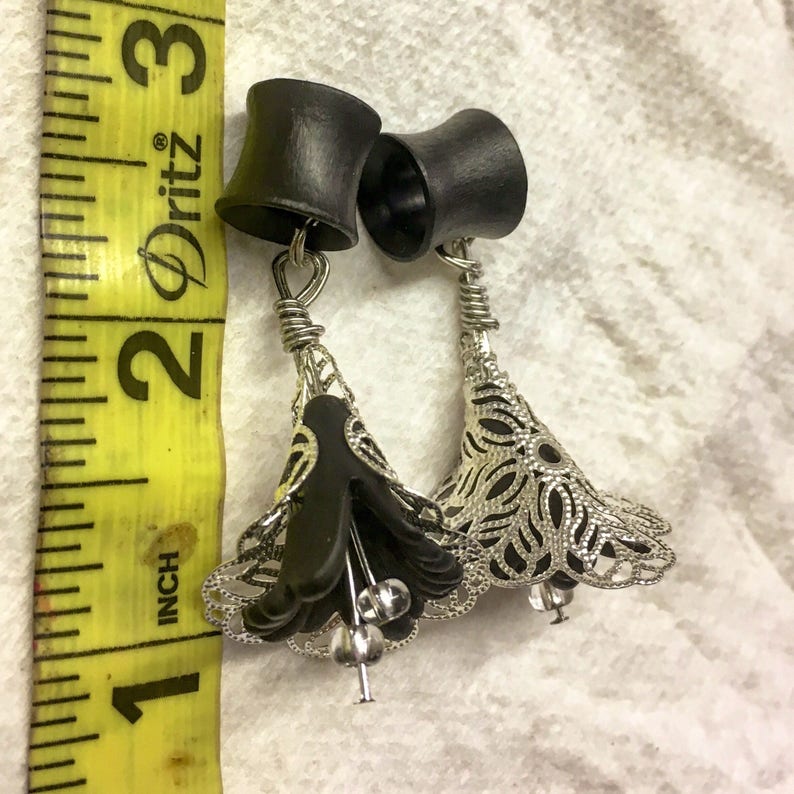 through 1 6mm 25mm Black or WhiteWood Gages Dangle Plug Organic Vintage Lily Dangles with Wood Ebony Plug Gauges or Tunnels in Sizes 2g