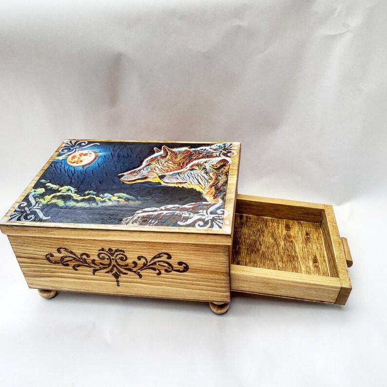 PERSONALIZED Moonlight Wolf Jewelry Box w/ Mirror Handcrafted Etsy