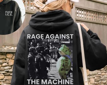 Portland Frog Protester Hoodie, Anti ICE Hoodie, Unisex Protest Hoodie with Sleeve Print, Anti Establishment, Resistance, Anti Trump Hoodie