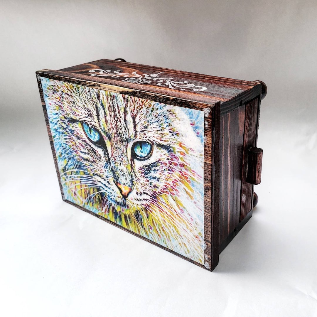 PERSONALIZED Psychedelic Kitty Cat Wood Jewelry Box, Trinket Box ...