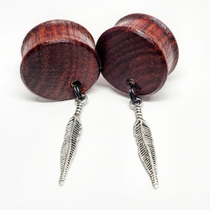Whispering Feather Dangle Plug Earrings Gauge Sizes 2g6mm through 30mm / Silver Feather Dangle on Wooden Plug Gauges for Stretched Ears image 5