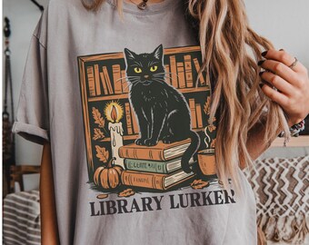 Library Lurker Book Halloween Shirt, Spooky Season Bookish Shirt, Book Lover Shirt, Gift, Fall Comfort Colors Tee, Black Cat Halloween Shirt
