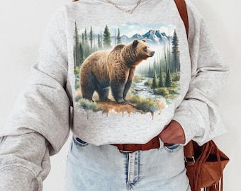 Retro Bear Wilderness Scene Sweatshirt, Bear Shirt, Boho Unisex Crewneck, Forest Sweatshirt, 90s Nostalgia Grizzly Bear Sweatshirt