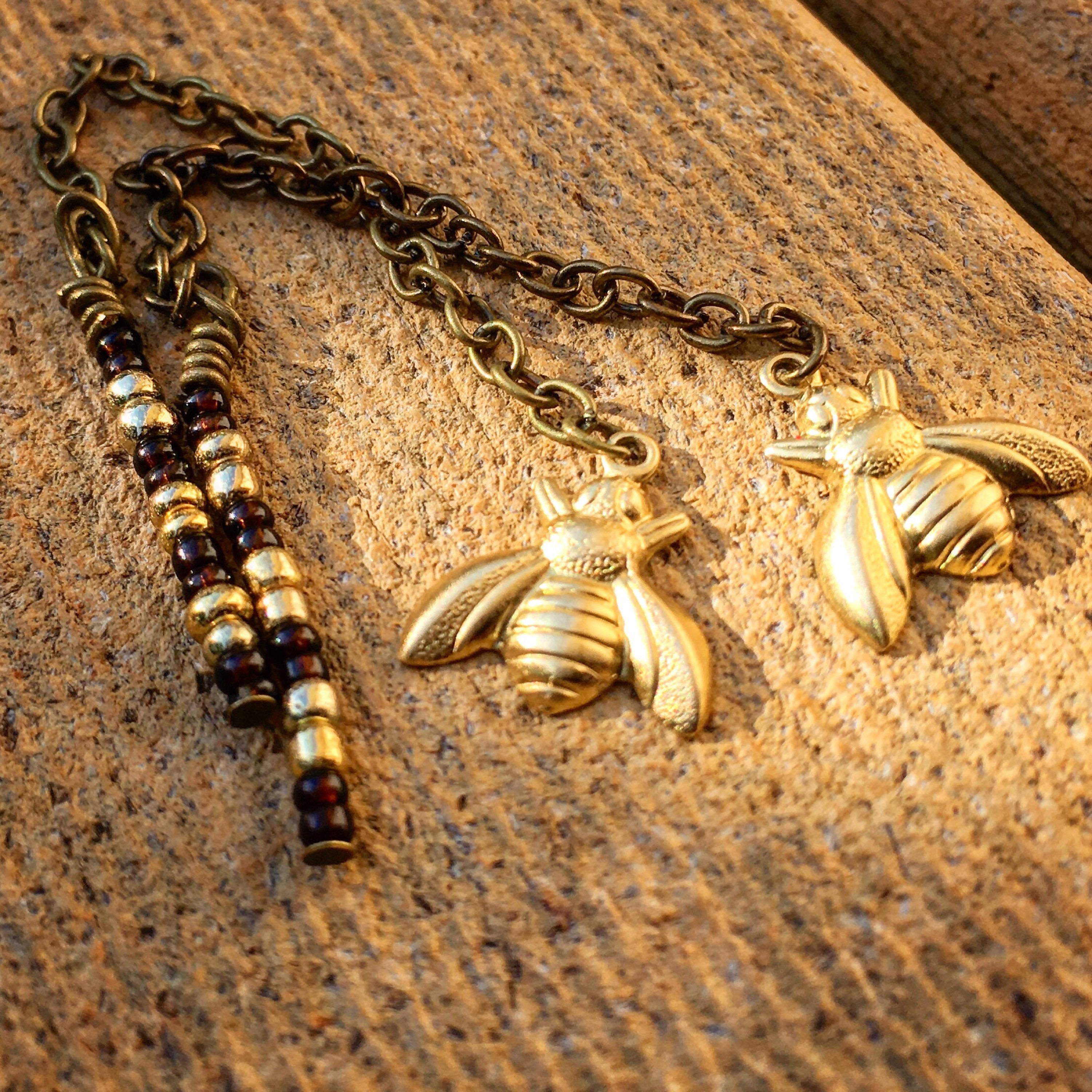 Golden Honey Bee Dangle Chains for Magnetic Tunnels(Tunnels NOT Included) Wood Gauges/ Stretchers/Expanders/ Boho/ Hippie/ Brass