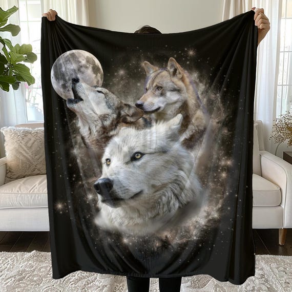 Vintage Wolf Blanket, Wolf Lover Gift, Weirdcore Blanket, Unique Blanket, Graphic Blanket Gift, Cosmic Wolf Pack Fleece Blanket, Wolf Decor