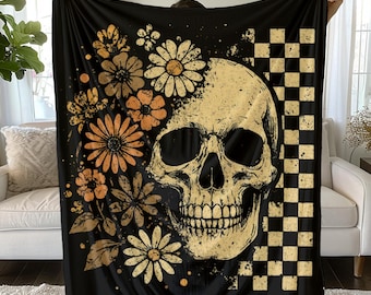 Boho Floral Skull Blanket, Dark Academia Goth Throw, Skull Cozy Fleece Blanket, Vintage Grunge Blanket, Cottagcore Decor, Whimsigoth Decor