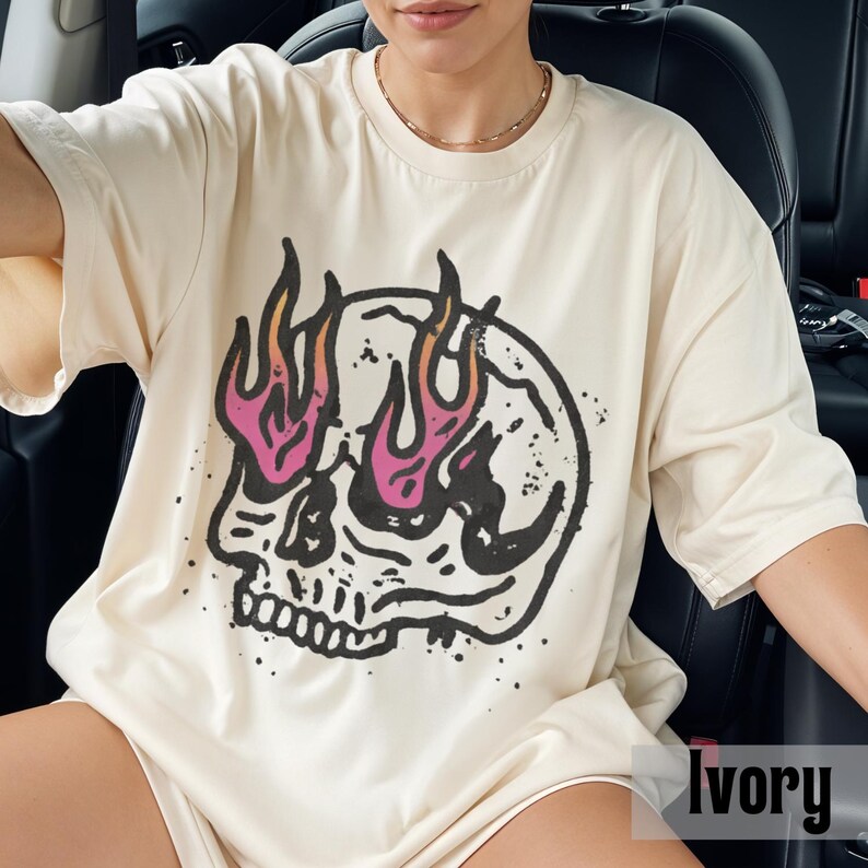Flaming Skull Graphic Tee, Vintage Grunge Streetwear Shirt, Edgy Gothic Style image 7