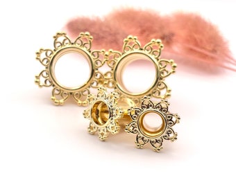 14Kt Gold Plated Tribal Hearts Filigree Ear Tunnels Gold Plugs Double Flare Plug Earrings- Sizes 8g, 6g, 4g, 2g, 0g, 00g, 1/2", 9/16", 5/8"