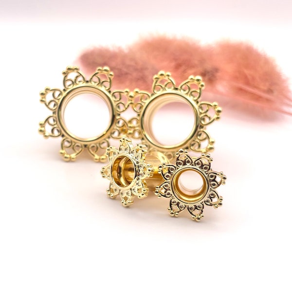 14Kt Gold Plated Tribal Hearts Filigree Ear Tunnels Gold Plugs Double Flare Plug Earrings- Sizes 8g, 6g, 4g, 2g, 0g, 00g, 1/2", 9/16", 5/8"