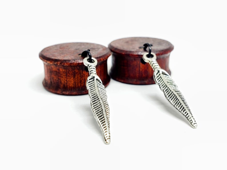 Whispering Feather Dangle Plug Earrings Gauge Sizes 2g6mm through 30mm / Silver Feather Dangle on Wooden Plug Gauges for Stretched Ears image 3