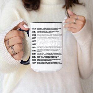 May include: A white ceramic mug with a black interior and handle, held by a person. The mug features a timeline of historical events, including labor strikes, civil rights, and women's marches. The text is in black.