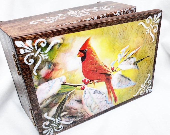 PERSONALIZED Cardinal Wood Jewelry Box with Mirror & Drawer, Jewelry Organizer, Engraved Birthday Gift, Mothers Day, Wedding