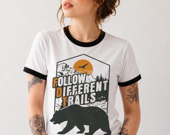 FDT Ringer Tee, Follow Different Trails Anti Trump Shirt, Subtle Resist Tee, 90's National Parks Graphic Tee, Progressive Gift, Hiking Tee