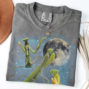 Puede incluir: Una camiseta gris Comfort Colors con un gr&aacute;fico de tres mantis religiosas verdes, una luna llena y estrellas. Un collar plateado con un peque&ntilde;o colgante descansa sobre la camiseta doblada. La etiqueta dice 'S P CH'.