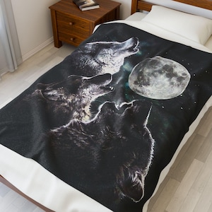 Vintage Wolf Blanket, Wolf Lover Gift, Weirdcore Blanket, Unique Blanket, Graphic Blanket Gift, Cosmic Wolf Pack Fleece Blanket, Wolf Decor image 9