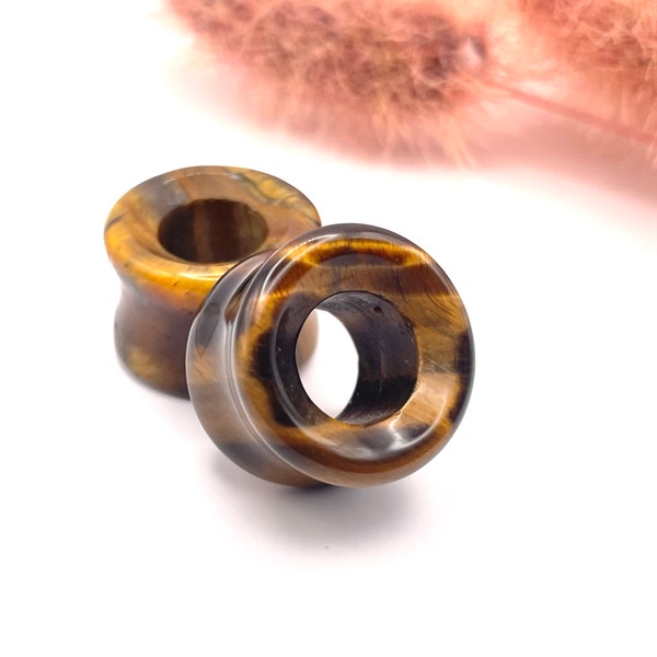 Pair of Tiger Eye Stone Ear Tunnels Organic gauges Double Flare- Sizes: 2g 0g 00g 1/2” 9/16” 5/8” 3/4" 7/8" 1"