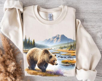 Retro Bear Wilderness Scene Sweatshirt, Bear Shirt, Boho Unisex Crewneck, Forest Sweatshirt, 90s Nostalgia Grizzly Bear Sweatshirt