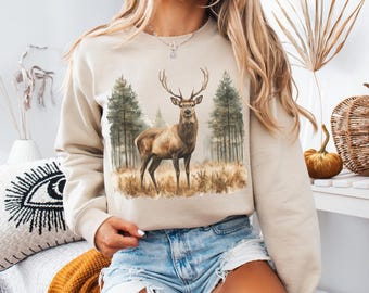 Retro Deer Wilderness Scene Sweatshirt, Deer Sweatshirt, 90s Nostalgia Animal Sweatshirt, Boho Unisex Crewneck, Forest Sweatshirt, Montana