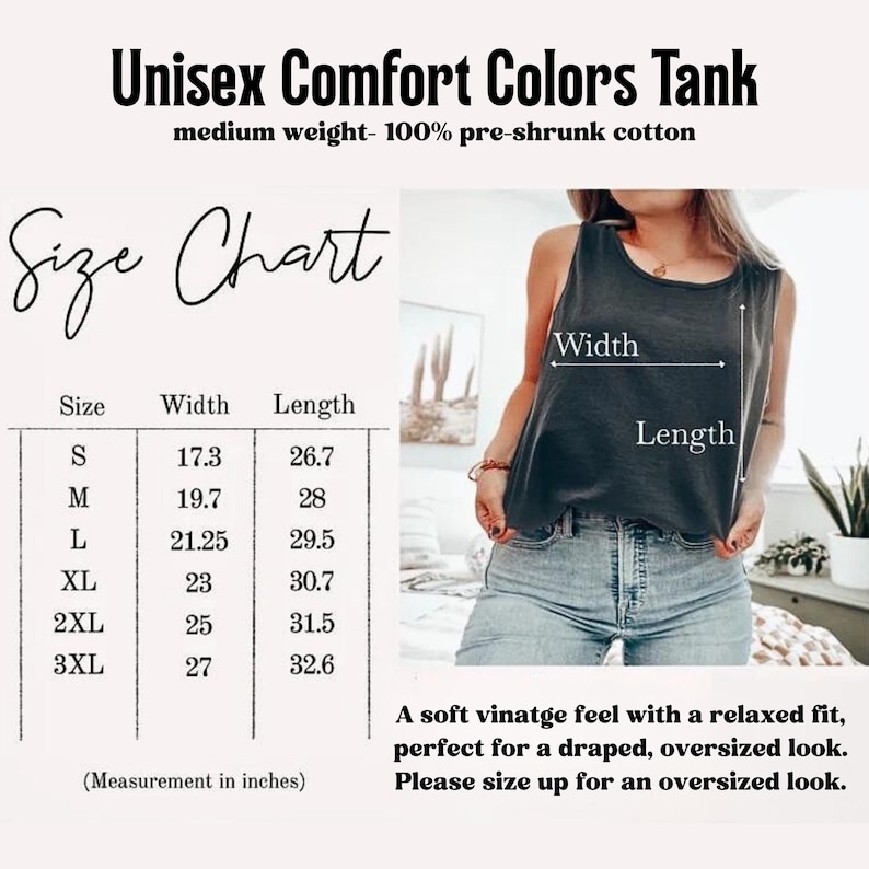 Pu&ograve; includere: Una canotta senza maniche grigio scuro con una tabella delle taglie che mostra le misure di larghezza e lunghezza in pollici. Il testo recita Unisex Comfort Colors Tank, medium weight 100% pre-shrunk cotton, e include una tabella per le taglie S-3XL.