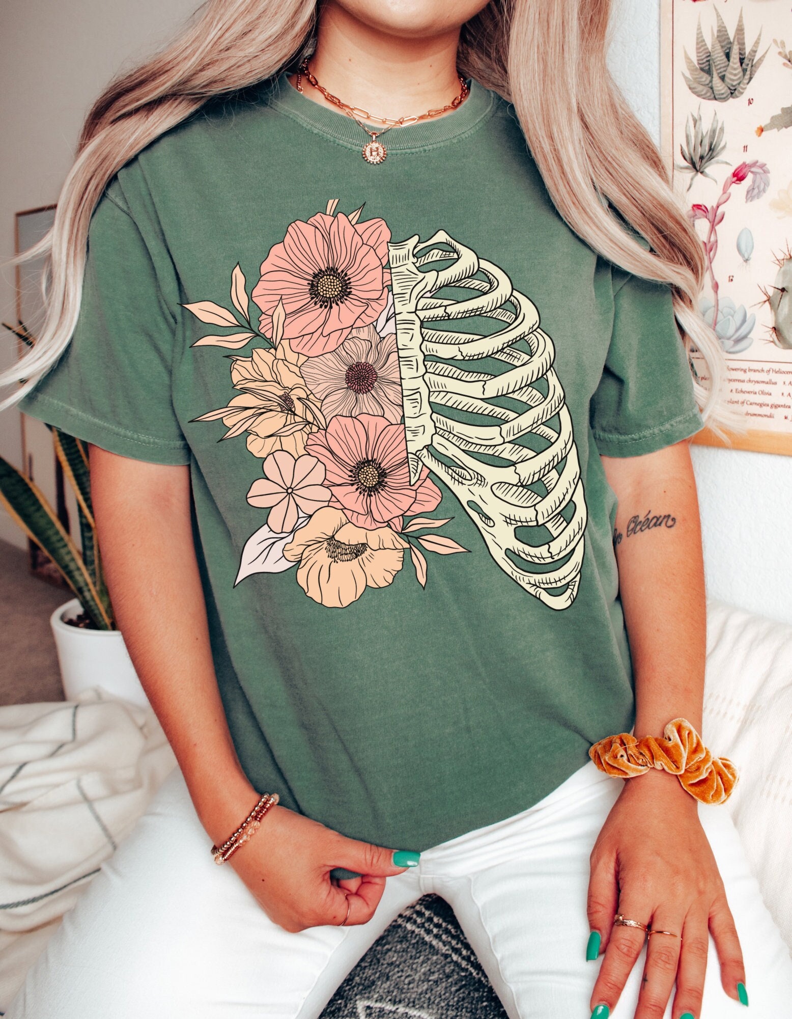 Boho Floral Rib Cage Tee Shirt, Skeleton Retro Shirt, Boho Vintage 