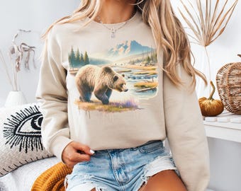 Retro Bear Wilderness Scene Sweatshirt, Bear Shirt, Boho Unisex Crewneck, Forest Sweatshirt, 90s Nostalgia Grizzly Bear Sweatshirt