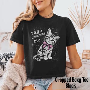 May include: A black short-sleeve t-shirt featuring a graphic of a kitten wearing a pink bow. The text "rage consumes me" is printed in white above the kitten, surrounded by small white star accents. The shirt has a boxy fit and crew neckline.