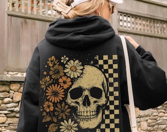 Boho Floral Skull Graphic Hoodie, Vintage Grunge Womans Hoodie, Whimsigoth Goth Hoodie, Cottagecore Dark Academia Floral Skull Sweatshirt