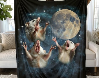 Moon Three Possum Blanket, Screaming Opossum Galaxy Throw, Funny Weirdcore Blanket, Cozy Fleece Moon Blanket, Chaotic Possum Lover Gift