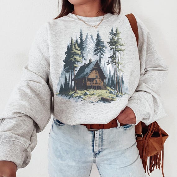 Retro Wilderness Cabin Sweatshirt, Vintage Mountain Scene Crewneck, 90s Style Outdoors Nostalgia Forest Sweatshirt, Colorado Sweatshirt