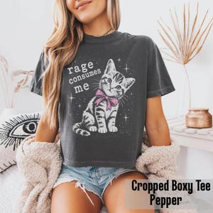 May include: A charcoal gray short-sleeve t-shirt featuring a graphic of a tabby kitten wearing a pink bow. The text "rage consumes me" is printed in white above the kitten, surrounded by small white star accents on the front of the garment.