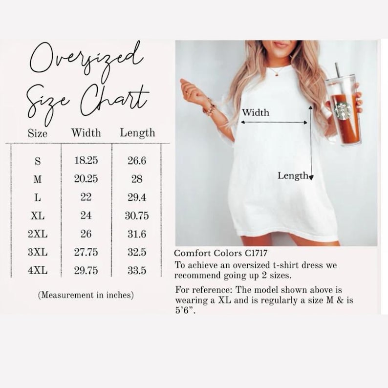 K&ouml;nnte beinhalten: Wei&szlig;es &uuml;bergro&szlig;es T-Shirt-Kleid mit Gr&ouml;&szlig;entabelle. Die Tabelle listet die Gr&ouml;&szlig;en S bis 4XL mit den entsprechenden Breiten- und L&auml;ngenma&szlig;en in Zoll auf. Das Bild enth&auml;lt auch Text zur Gr&ouml;&szlig;enbestimmung.
