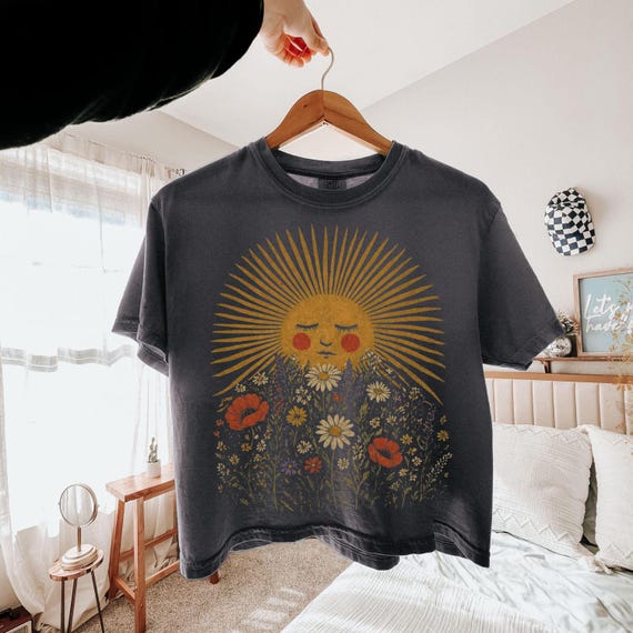 Vintage Boho Sun Shirt, Wildflower Graphic Tee, Celestial Sun Face Shirt, Comfort Colors Oversized Tee, Nature Aesthetic Shirt