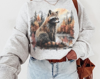 Retro Raccoon Sweatshirt, Skiing Raccoon Shirt, 90s Nostalgia Animal Sweatshirt, Boho Unisex Crewneck, Forest Sweatshirt, Feral Sweatshirt