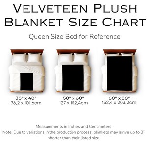 May include: A size chart for Velveteen plush blankets, showing three sizes: 30" x 40", 50" x 60", and 60" x 80". Each size is displayed on a queen-size bed for reference. Measurements are in inches and centimeters.