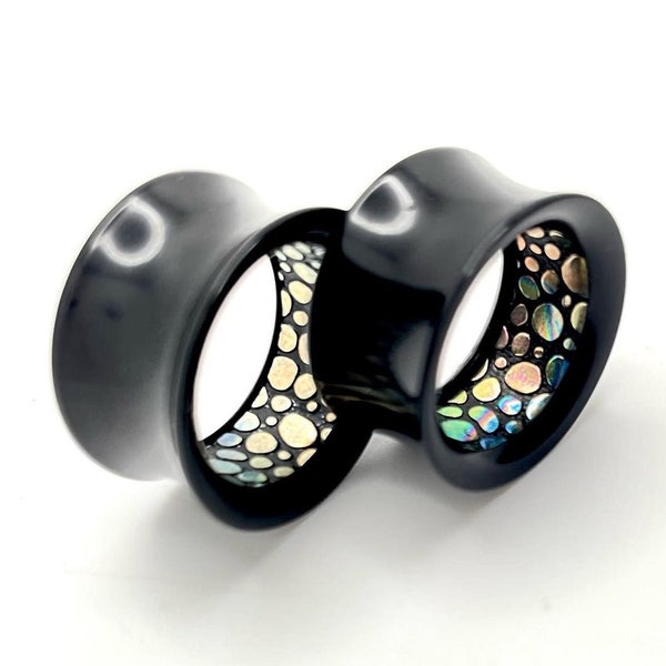 Pair of Abalone Pattern Inlayed Black Acrylic Saddle Fit Tunnel Gauges - Sizes- 0g 00g 1/2” 9/16” 5/8” 19mm 22mm 1"