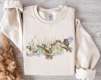 Retro Duck Sweatshirt, Duck Shirt, Boho Unisex Crewneck, Forest Sweatshirt, 90s Nostalgia Mallard Duck Sweatshirt, Duck Gifts, Christmas