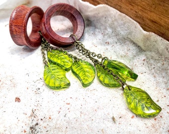 Organic Glass Green Leaf Dangles- Available as Plug Gauges or Tunnels/ Sizes 2g 0g 00g 7/16” 1/2” 9/16” 5/8” 3/4” 7/8”  1" Plant Lover Gift