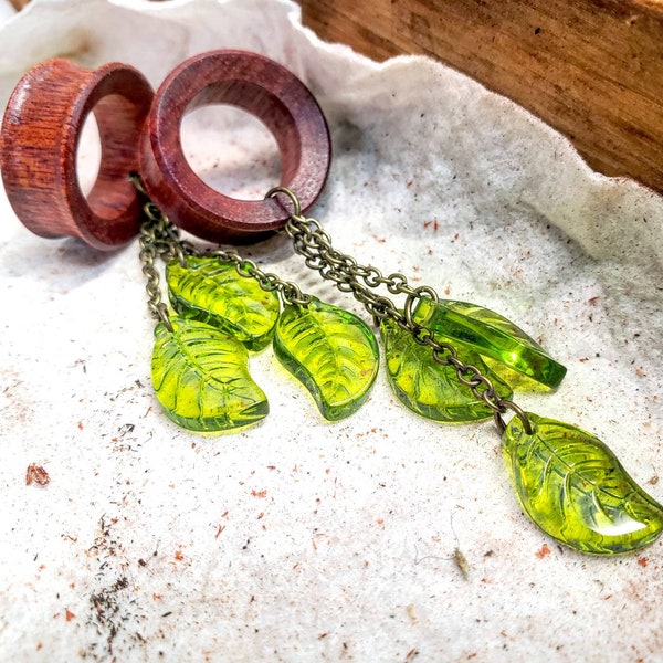 Organic Glass Green Leaf Dangles- Available as Plug Gauges or Tunnels/ Sizes 2g 0g 00g 7/16” 1/2” 9/16” 5/8” 3/4” 7/8”  1" Plant Lover Gift