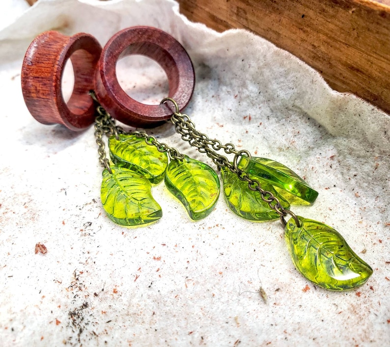 Organic Glass Green Leaf Dangles- Available as Plug Gauges or Tunnels/ Sizes 2g 0g 00g 7/16” 1/2” 9/16” 5/8” 3/4” 7/8”  1' Plant Lover Gift 