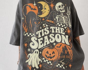Tis the Season Halloween Shirt, Retro Skeleton Black Cat Ghost Tee, Y2K Halloween Graphic Tee, Comfort Colors Spooky Season Shirt