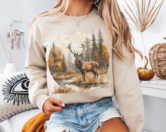 Retro Deer Wilderness Scene Sweatshirt, Deer Sweatshirt, 90s Nostalgia Animal Sweatshirt, Boho Unisex Crewneck, Forest Sweatshirt, Montana